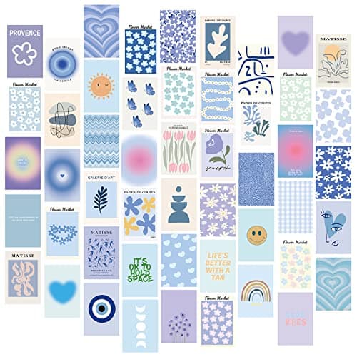 HsentimenH 50 Pièces Images Esthétiques de Collage Mural, Kit de Collage Mural Aesthetic Bleu, Impression de Collage de Carte, Décoration de Chambre pour Filles Chambre, Dortoir, Affichage de Photos