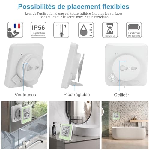 Horloge de Salle de Bain, Horloge de Douche Contrôle Tactile étanche, Alarme Numérique LCD, Thermomètre Hygromètre, Minuterie de Compte à Rebours, Alimenté par Pile, pour Maquillage Cuisine (Vert)