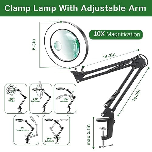 Lampe de Bureau Loupe 10X 15X et LED, Lampe Loupe sur Pied avec 3 Modes de Couleurs et 10 Niveaux de Gradation, Lampe Eclairante avec Bras Pivotant Réglable pour Lire et Travailler