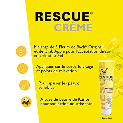 RESCUE Crème Apaisante 150ml, crème hydratante aux Fleurs de Bach Original, pour le bien-être et l'équilibre émotionnel, massage relaxant, application sur les points de relaxation, sans parfum