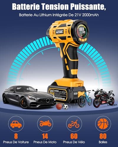 AUTDER Compresseur à Air Portatif, Gonfleur Pneus Voiture, Max 180 PSI/12.4 Bar, Compresseur Voiture sans Fil avec Batterie 21V et 12V DC, pour Voitures, Vélos, Motos, Ballons, Jaune