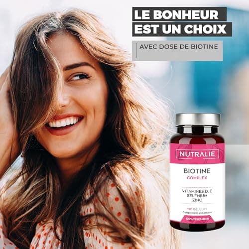 Biotine Pousse Cheveux 10.000μg - Très Rapide - GAGNANT 2022 Zinc + Selenium Vit D E - Ongles Peau - Femme Homme - Complément Alimentaire de Vitamine B8-120 Gélules Nutralie