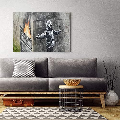 Feeby Tableau sur toile XXL Port Talbot Smog Neige 120x80 cm Art Image Deco Banksy Street Art gris