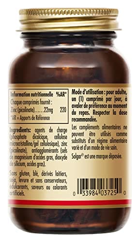 Solgar Zinc Picolinate 22mg - Défenses immunitaires - Zinc hautement assimilable - Nutriment Clé - Complément Alimentaire - Flacon de 100 comprimés