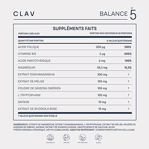 N°5 BALANCE - Diminue Stress et Anxiété - Ashwagandha, Safran, Rhodiola, Magnésium, Vitamine B5 - Anti Stress Naturel - 60 Gélules - 30 jours de Relaxation