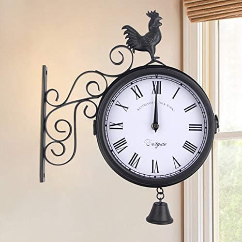 Horloge de jardin - Horloge de gare - Montre Résistante aux intempéries - Design double face - Étanche - 20 cm - Rétro - Avec support mural - Pour jardin, couloir, véranda, gare - Noir