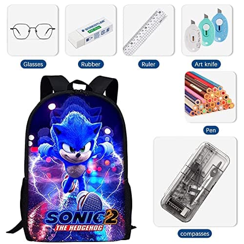 BESTZY Sonic Sacs à Dos pour Enfant, Sonic Hedgehog Sacs Dos Imprimé 3D Cartable Scolaire Garçon Kids Backpacks Animé Sac Accessoire De Mode, Sac À Dos pour Garçons et Filles