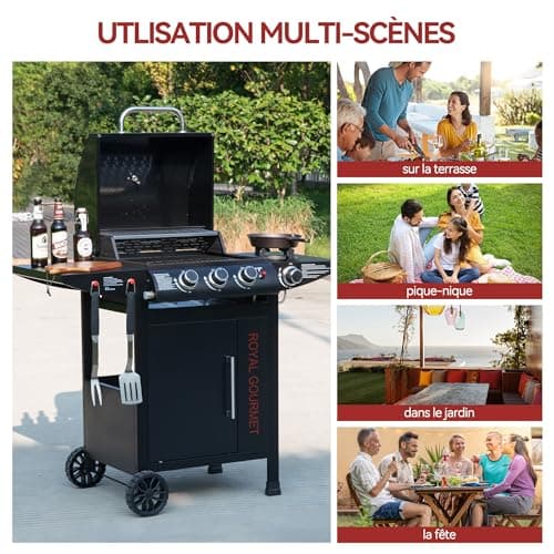 Royal Gourmet Barbecue Gaz à 3+1 Brûleurs en Acier Inoxydable, Gril à Gaz sur Chariot de Puissance 11,5 KW avec Tablette et Thermomètre, 2 Roues et 1 Porte, Adapté pour Jardin et Extérieure, Noir