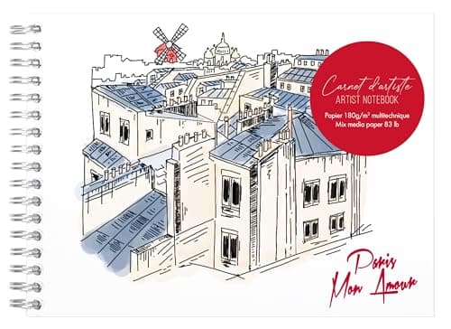 Clairefontaine 812438C - Un Carnet d'Artiste A Spirale Moulin Rouge - A5 Paysage 21x14,8cm 30 Feuilles de Papier Dessin Blanches Multitechniques 180g - Collection Moulin Rouge