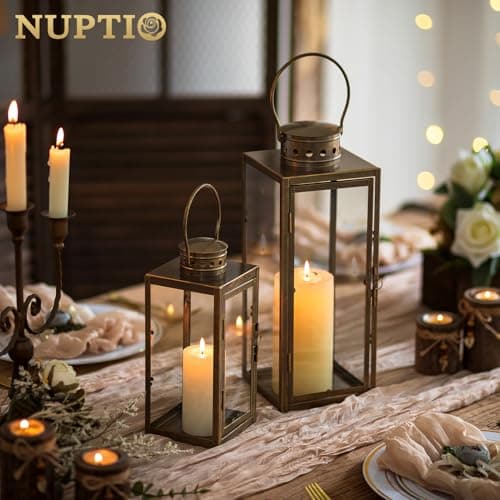 NUPTIO Lanternes Vintage Or Détériorées: Lanterne D'intérieur en Métal de 35cm de Haut avec Verre - Bougeoir pour Halloween Manteau de Cheminée Salon Patio