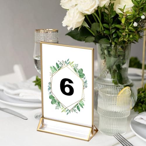 Natuce Lot de 6 Présentoirs de Table en Acrylique, 18 x 10,7cm, Cadre Photo Double Face Transparent avec bord Dorées, pour Menu de Restaurant, Numéros de Table de Mariage, Photo, Publicité, Réception