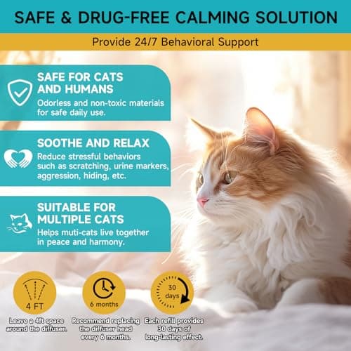 Woyamay Diffuseur De Pheromones Chat, Diffuseur Anti Stress Chat, Kit 3 en 1 avec 1 Diffuseur Et 2 Flacons De Recharge (48 ML), Soulagement De L'anxiété, Jusqu'à 60 Jours, Diffuseur Pheromones Chat