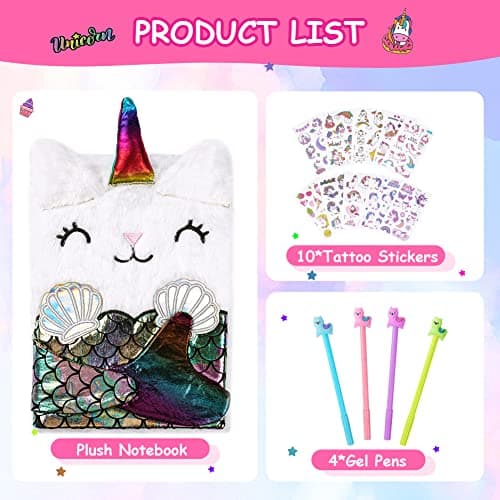 OFFCUP Journal Intime Fille, Mermaid Carnet Secret en Peluche, 160 Pages A5 Journal Secret avec Stylo et Autocollants Carnet de Notes Cadeau pour Enfants Bloc-notes Scolaire Cahiers