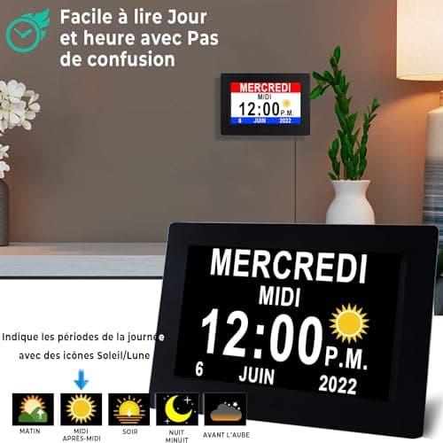 Véfaîî 【2024 New】 19 Alarmes Horloge numérique Horloge de Jour Grand écran réveil Horloge Murale, Non-Abrégée Auto Dimming 5 Langues, HD Display