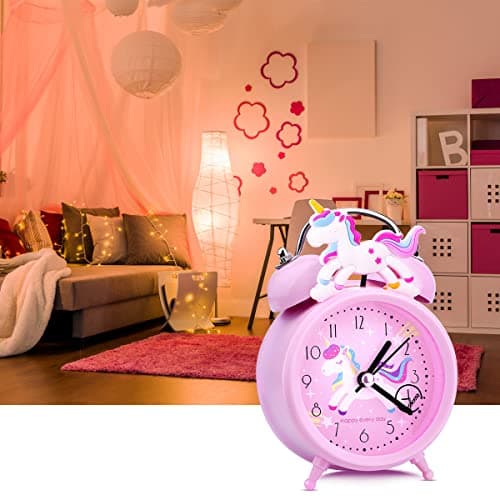 TCJJ RéVeil Licorne pour Filles, RéVeil sans Tic-Tac pour Enfants Filles, RéVeil Silencieux Rose De Chevet, Horloge Classique à Double Cloche avec RéTroéClairage, Convient pour Les Cadeaux Scolaires