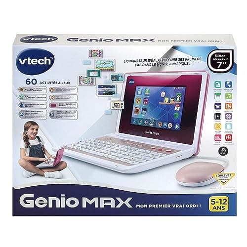 VTech - Genio MAX, Mon Premier Vrai Ordi Rose Métal, Ordinateur Enfant avec Écran Couleur 7 Pouces, Souris, 60 Activités et Jeux Éducatifs, Cadeau Enfant de 5 Ans à 12 Ans - Contenu en Français