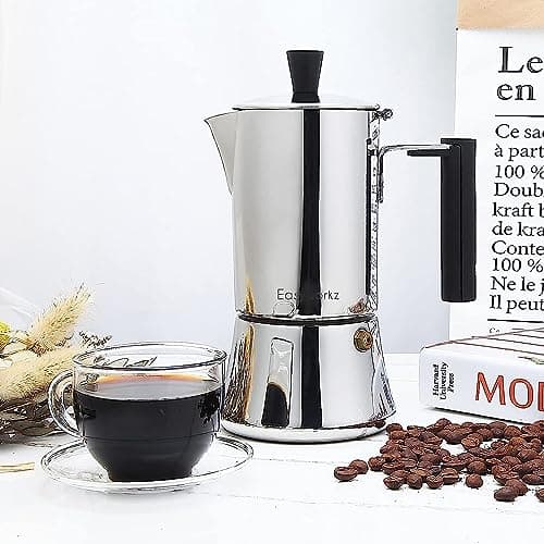 Easyworkz Pedro Cafetière italienne en acier inoxydable pour 6 tasses 300ml Pour induction à gaz et toutes les cuisinières (Argenté)
