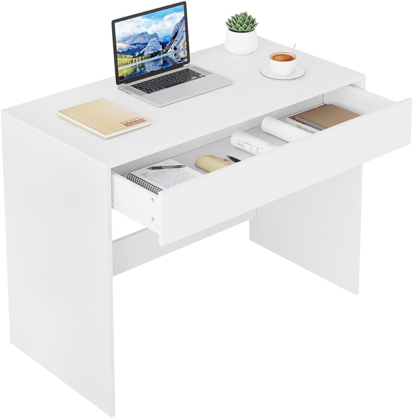 eSituro Bureau Blanc avec Tiroir et Rangement, 100x50x75 cm