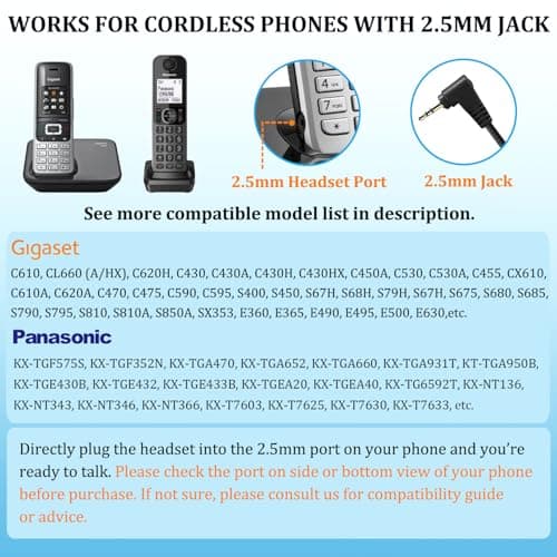 2,5mm Prise Jack Casque Téléphone Fixe sans Fil pour Gigaset C430A CL660HX Panasonic Cisco Spa Polycom DECT, Oreillette Filaire avec Micro Anti-Bruit pour Téléphonique Travail Centre d'appel Bureau