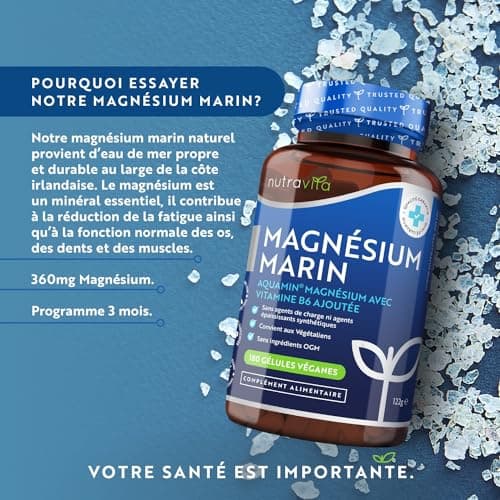 Magnesium Marin 360mg et Vitamine B6-180 Capsules Vegan - Magnesium B6 Combat la Fatigue et le Stress - Magnésium Aquamin® Hautement Biodisponible et Cliniquement Soutenu - Nutravita