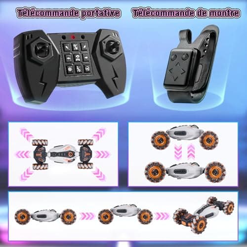 FORMIZON RC Stunt Auto Car, Voiture Télécommandée Tout Terrain avec Commande Manuelle 2.4GHz 4WD 360° Rotation RC Auto avec Spray, Musique et Lumière, Rotation Offroad Drift Cadeau Enfants(Gris)
