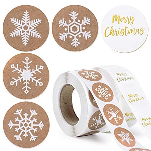BHGT 1000PCS Merry Christmas Stickers Autocollants d'Étiquette Emballage 4 Style Flocon de Neige Self-Adhesive Label DIY Artisanat Déco pour Mariage Cadeau ou Enveloppe 2 Rouleau