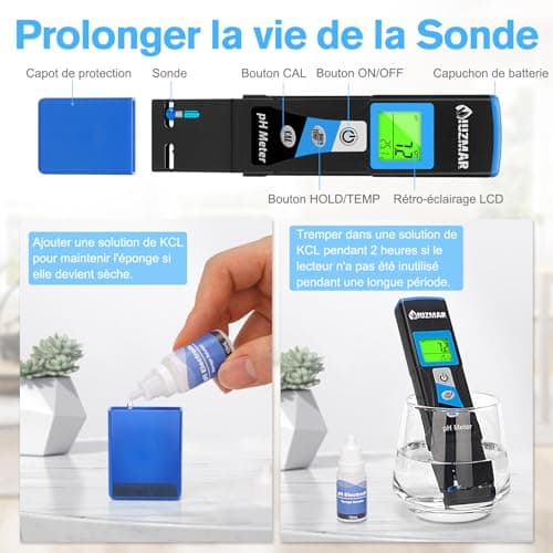 UIUZMAR pH Mètre Testeur pH de Piscine Numérique, Test du pH et de la Température de L'eau, Liquide, Kombucha pH-mètre pour Hydroponie, Aquarium, Spa, Réservoirs à Poissons, RO Système
