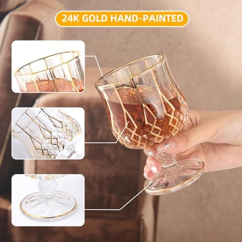 GLASKEY Lot de 2 Verres à Cognac en Cristal - décorés à la main avec de l'or 24K, Verres à Brandy à pied court pour Bourbon, Scotch, Tequila, Armagnac, Rhum, Bière, Liqueur - 21cl