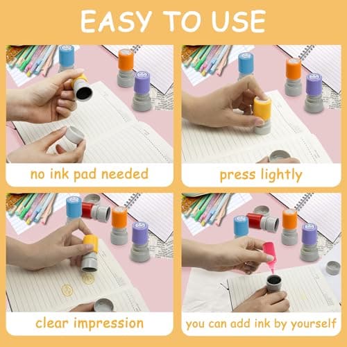 Qcdou Tampons Enseignants Français, 6PCS Plastique Tampon Auto Encreur Enfant, Tampon Smiley, Tampon Ecole Mignon pour Encourager Motiver Élèves, Spécial Cadeau Professeur Ecole Avec Boîte