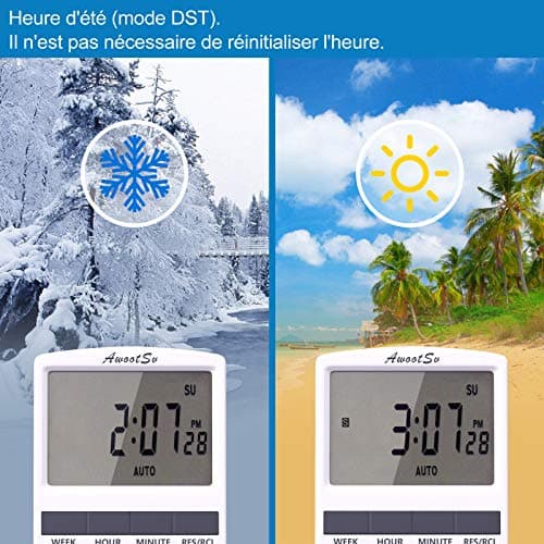 Awootsv Prise Programmable Digitale avec Compte à rebours Minuterie Numérique Journalier/Hebdomadaire Programmateur Prise Electrique avec Ecran LCD et Mode Aléatoire Antivol (2 Pack)