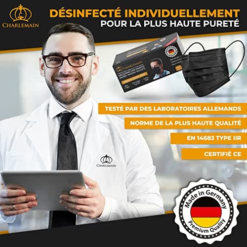 Masque chirurgical Charlemain 50x, Noir, MADE IN GERMANY, EN 14683 type IIR, certifié CE, protection buccale et nasale médicale, BFE > 99%, 3 plis, résistant aux éclaboussures, inodore, sans latex