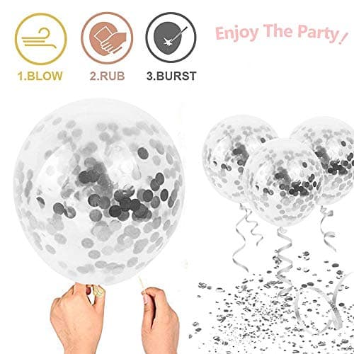 Ballon Blanc et Argent, 50 pièces 12 pouces Argent Confettis Ballons de Fête en Métal Chromé Argenté avec Ruban Argenté pour Décorations de Douche de bébé d'Anniversaire de Mariage