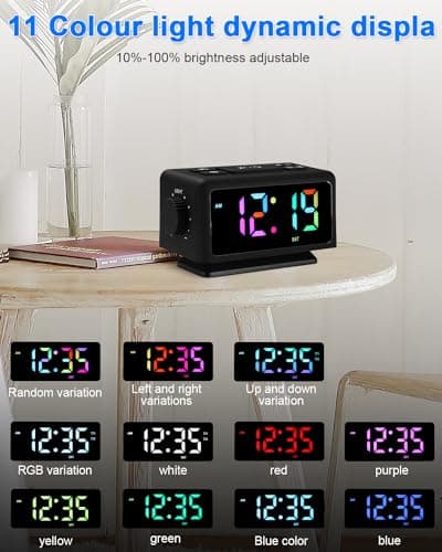 Radio Reveil Digital avec 2 Réveils,Électronique Réveil Numérique avec 11 Modes Lumière,LED Horloge Digitale,Snooze,Aide au Sommeil,Minuterie,12/24h,Volume de l'alarme Réglable,Port de Recharge USB
