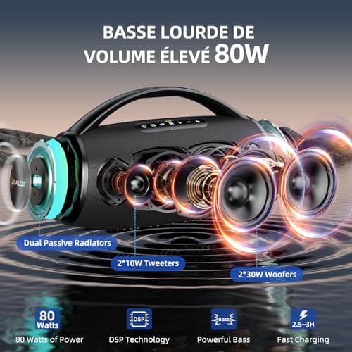 ZEALOT Enceinte Bluetooth, 80W Haut - Parleur Bluetooth avec Boost Bass, étanche ipx6, lumière LED, Banque d'alimentation, Bluetooth 5.2, extérieur, Camping Haut - Parleur Bluetooth