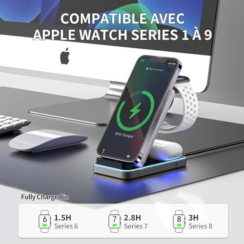 3 en 1 Chargeur sans Fil pour I Phone, Station de Charge sans Fil pour I Phone/16/15/14/13/12/11/Pro/MAX/Plus/X/XR/pour Apple Watch Series 10/9/Ultra 2/8/7/SE, Support de Charge Pliable