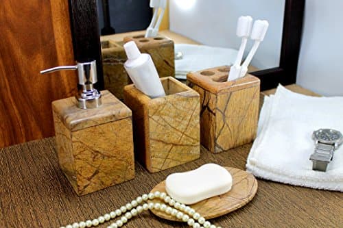 KLEO Set de Bain 4 pièces | Comprend Un Distributeur de Savon Liquide, Un Porte-Brosse à Dents, Un Porte-Dentifrice, Un Porte-Savon - en Pierre Naturelle