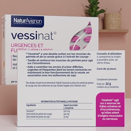 Laboratoire NaturAvignon Vessinat | Urgences & Fuites urinaires | Double action sur les muscles vessie & périnée | Pépins de courge + graines de soja | Fabriqué en France | 30 comprimés (1mois)
