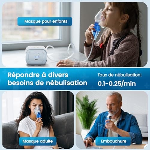 Nébuliseur à Ultrasons à Compresseur Silencieux - Nébuliseur Inhalateur Portable Puissance, Adapté Aux Enfants et Aux Adultes, Avec Tuyau Respiratoire et 2 Masques, Vitesse de Nébulisation Réglable