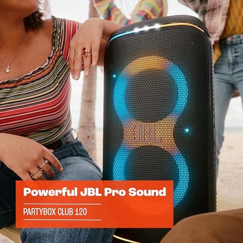 JBL Partybox Club 120, Enceinte portable de soirée, poignée pliable ergonomique, son JBL Pro, jeu de lumières, 12 heures d'autonomie, résistante aux éclaboussures IPX4, en noir