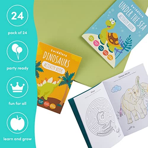 THE TWIDDLERS 24 Mini Livre de Coloriage & d'Activités pour Enfants - Dinosaures, Animaux Sauvages, Animaux sous-Marins - Cadeaux Invités, Pochettes Surprises, Anniversaire, Mariages