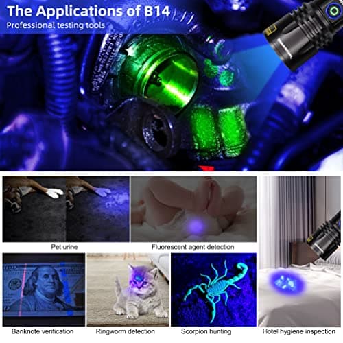 DARKBEAM Lampe Torche UV 365nm Puissante Lumière Noire, LED Lampe de Wood 20W Rechargeable USB C Portable, Lampe de Poche Ultra Violet Détecteur d'urine, Fuite détection, Durcissement en Résine, B14