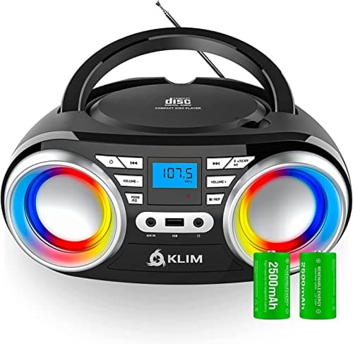KLIM Boombox B3 - Poste Radio CD Portable - Nouveauté 2024 - Radio FM, CD, Bluetooth, USB, MP3 - CD Boombox - Mode Filaire et sans Fil avec Piles Rechargeables - Lentille Laser - Lecteur CD Portable