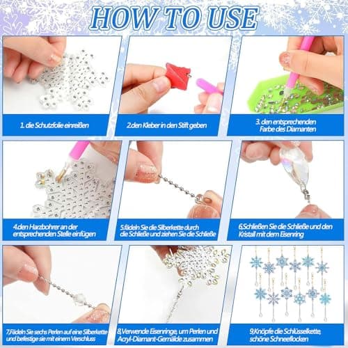 12 Pièces DIY Flocon de Neige Porte-clés de Peinture Diamant,Porte-clés de noël en Forme de Flocon de Neige,Flocon de Neige Diamant Art Peinture Porte-clés,Diamant Painting Porte Clef