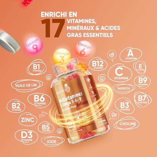 Multivitamines & Minéraux avec Oméga 3 6 9-120 Gummies Enfants Origine Naturelle (+ 3 Ans) - 17 Nutriments: Vitamine C, D, B12, B6, A & Zinc - Immunité, Croissance, Os - Goût Framboise & Orange