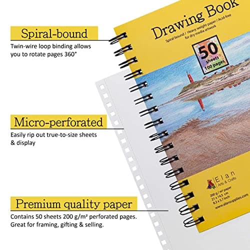 Elan Carnet de Dessin A5, 50 Feuilles 200gsm Papier Lisse, Cahier de Dessin A5, Bloc de Dessin A5, Drawing Book A5, Bloc Dessin à Reliure Spirale, Papier de Dessin, Carnet Dessin Professionnel