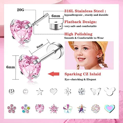 Diamday 16 Paires Boucles d'Oreilles à Vis pour Filles Femmes Acier Inoxydable Petit Cartilage Boucles d'Oreilles CZ Cœur Fleur Étoile Vis Dos Plat Boucles d'Oreilles Tragus Helix Bijoux Multicolore B