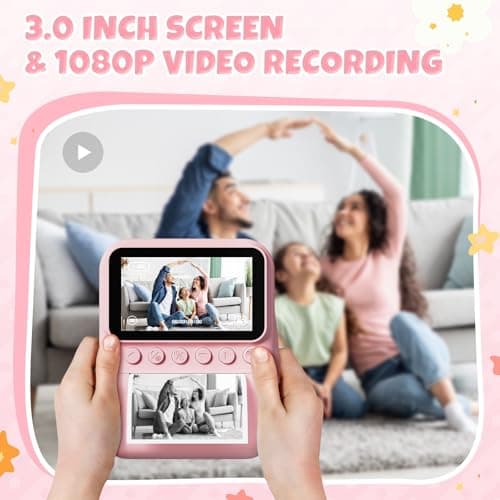 CalineGam Appareil Photo Instantané Enfant, 3,0 Pouces Écran HD 48MP Appareil Photo Enfants avec Carte 32 Go, 1080P Appareil Photo Jouet Cadeau pour Garçons Filles de 3 à 12 Ans (Rosa)