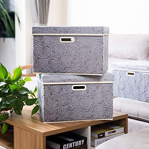 Prandom Grandes boîtes de rangement pliables avec couvercles [3 paquet] Organisateur de cube de bac de rangement décoratif en tissu, gris 43 x 30 x 30 cm