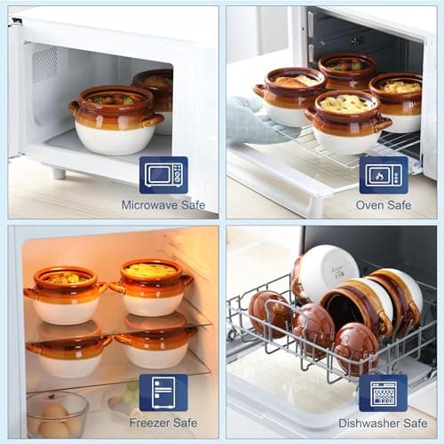 LOVECASA Lot de 4 Bols à Soupe à l'Oignon Français avec Poignée | 780ml | Pot à Soupe en Porcelaine pour Céréales, Ragoût de Bœuf, Pâtes, Tartes aux Casseroles | Compatible au Micro-ondes et Four