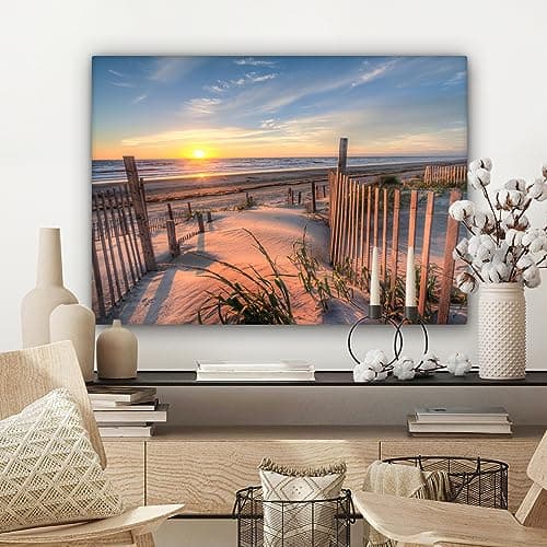 MuchoWow© Impression sur Toile Decoration Murale Peinture 70x50 cm Tableaux Decoratifs Muraux Déco Chambre Tableau Salon Dune - Coucher de soleil - Plage - Plantes - Mer